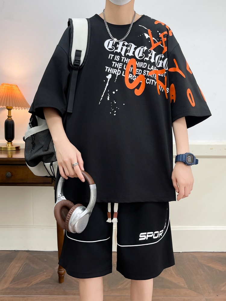 2025 nuevo juego deportivo de hombre de verano camiseta de dos piezas conjunto de tendencia casual variada guapo tamaño grande manga corta suelta