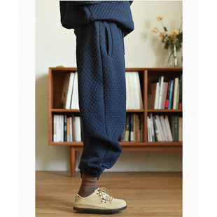 Autumn and Winter New dark blue Small Plaid Loose Casual Quilted Warm Trousers Women's Clothing