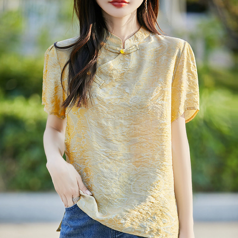 Green Chinese-Style Stand Collar Retro Slimming Top 25 Summer New Chinese Satin Silk Short-Sleeve T-Shirt for Women