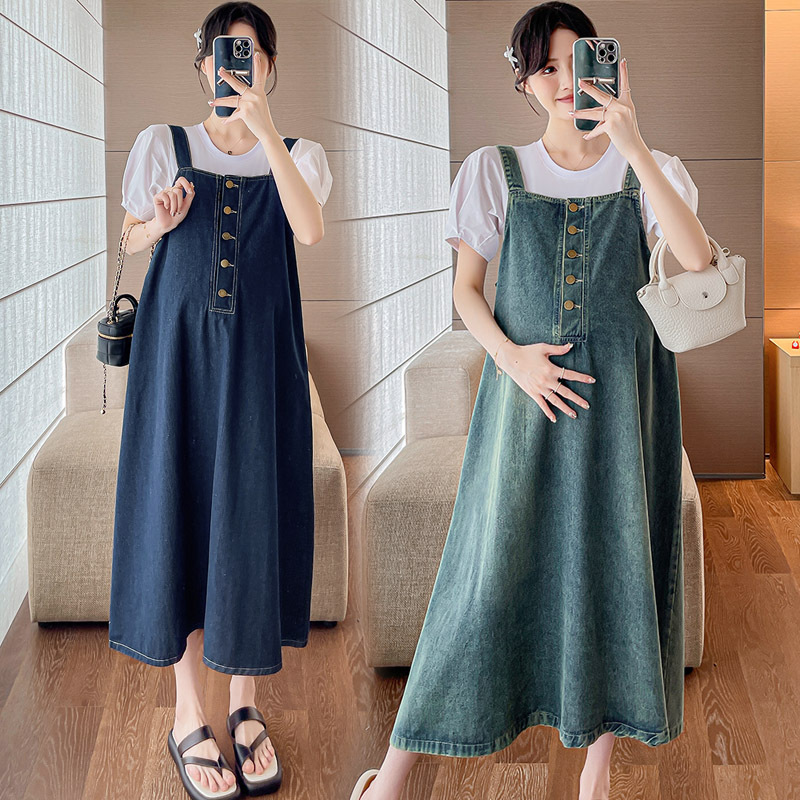 Real shot in stock pregnant women summer suspender skirt denim skirt two-piece set