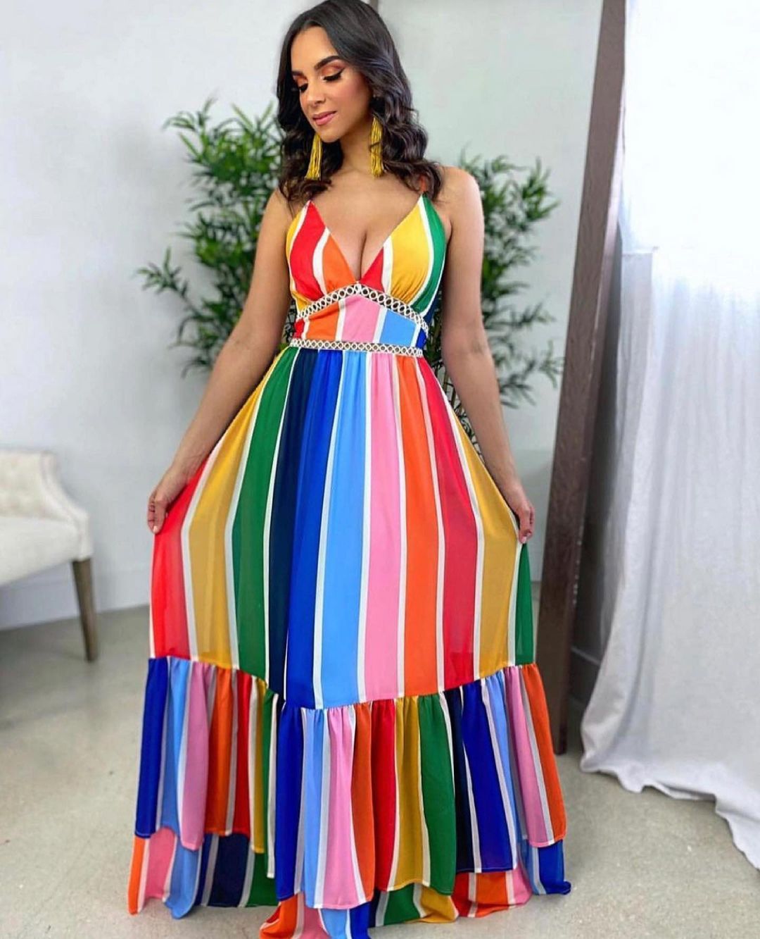 rainbow stripe print suspender dress Nihaostyles wholesale clothing vendor NSYDF73574