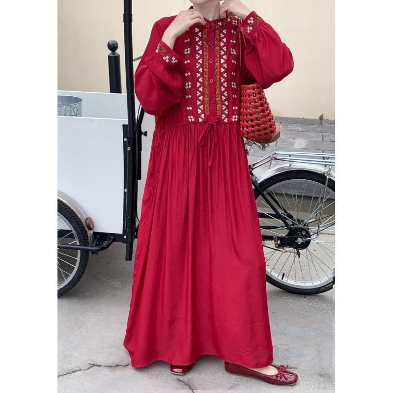 2026 Spring and Autumn New Retro Ethnic Style Heavy Embroidery Long Vacation Dress Long Sleeve Robe Women's Clothing