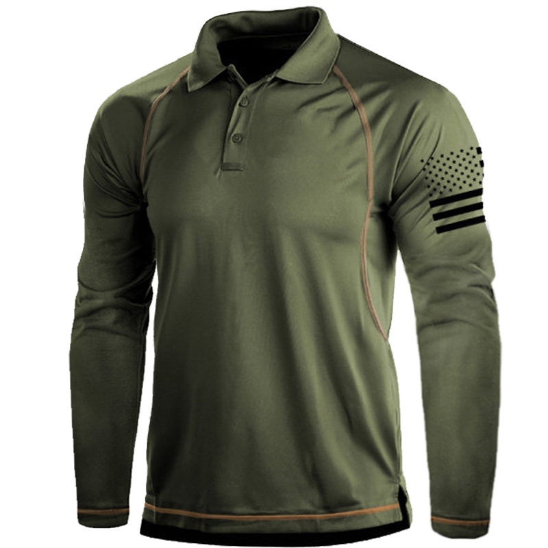 Cross-border European Code Autumn Men's Outdoor Leisure American Flag Printed Tactical Sport PoLo Collar Long Sleeve T-shirt