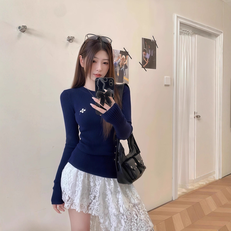 Long-Sleeved Knitwear for Women 2025 Autumn and Winter Pit Strips Slimming Look Bottoming Shirt with Cross Jacquard Contrasting Color Top