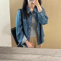 自留爆款推荐~港风复古高级感蓝色牛仔衬衫女秋季宽松显瘦上衣