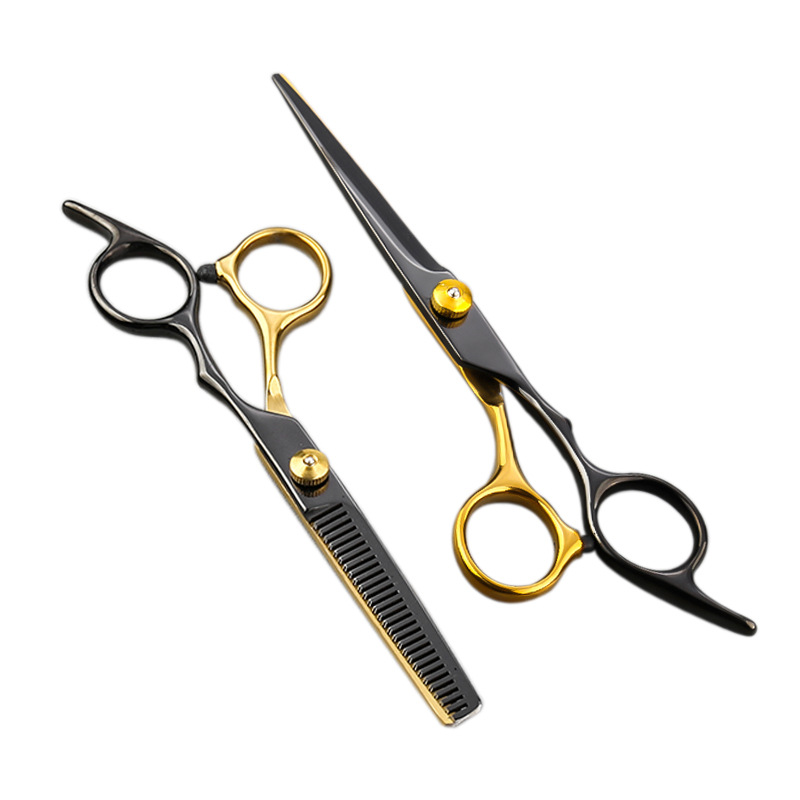 Forbici✂Forbici da parrucchiere a denti piatti in acciaio inossidabile nero e oro, set professionale per il taglio dei capelli_voghion.com
