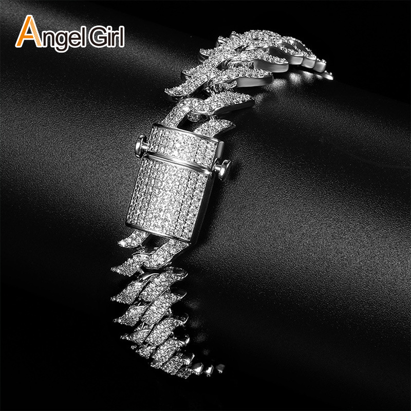 European and American New 15mm Spiked Thorn Cuban Bracelet Full of Zircon Hip-Hop Jewelry for Men and Women Export Popular Handmade