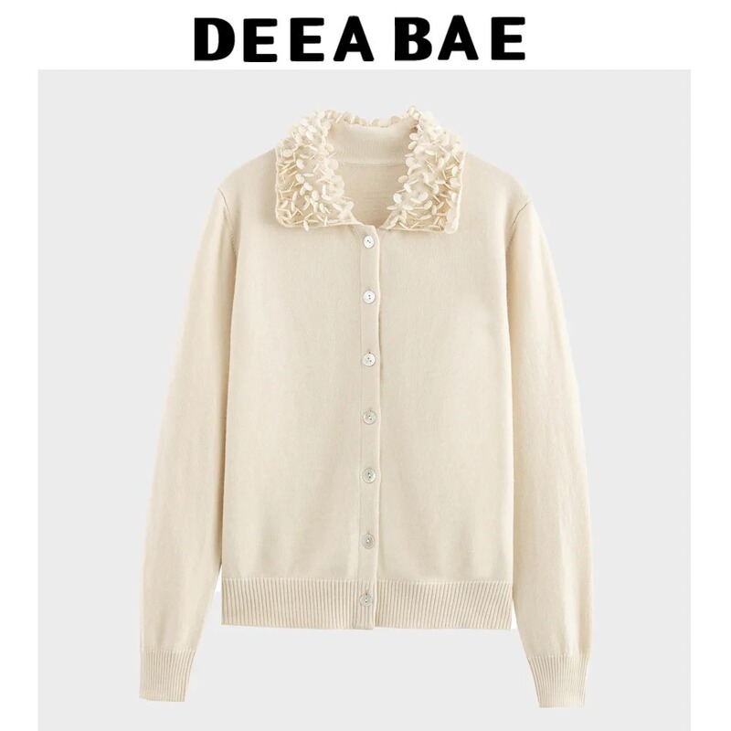 DEEABAE 2025 spring new European and American style simple versatile beaded lapel cardigan sweater 3969102