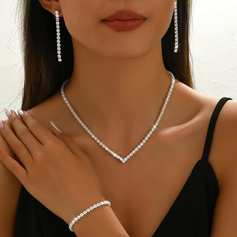 2026 Cross-Border Fashion Crystal Rhinestone Necklace, Earrings, Bracelet, Ring, Wedding Accessories, Versatile Bridal Jewelry Set