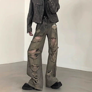 废土做旧复古水洗高街破洞牛仔裤男春季新款阔腿小众设计感乞丐裤