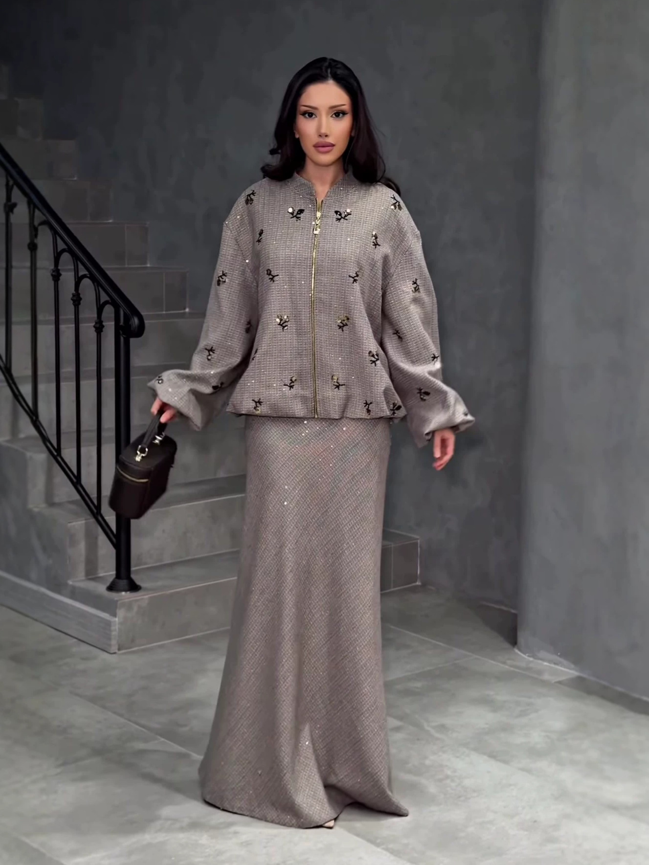 European and American Amazon cross-border women's clothing 2026 autumn new collection: stand-collar embroidered casual jacket and elegant skirt set for women