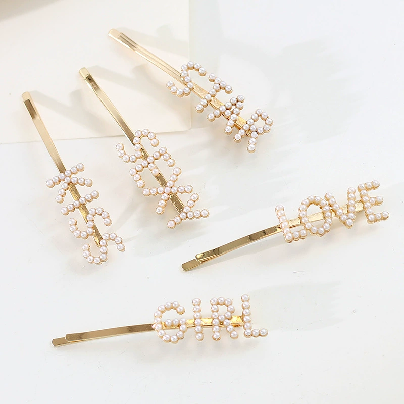 Hairpins from pearl, hair accessory, metal bangs with letters