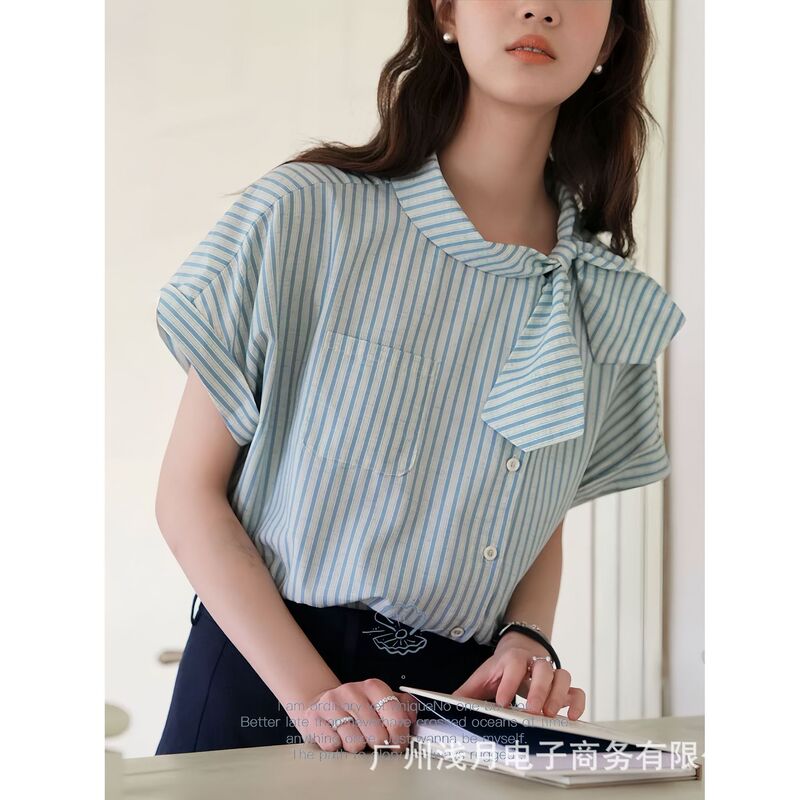 Nov Eilst Retro Asymmetrical Bow Tie Blouse Summer New Style Diagonal Placket Design Striped Shirt for Women Nov Eilst Retro Asymmetrical Bow Tie Blouse Summer New Style Diagonal Placket Design Striped Shirt for Women