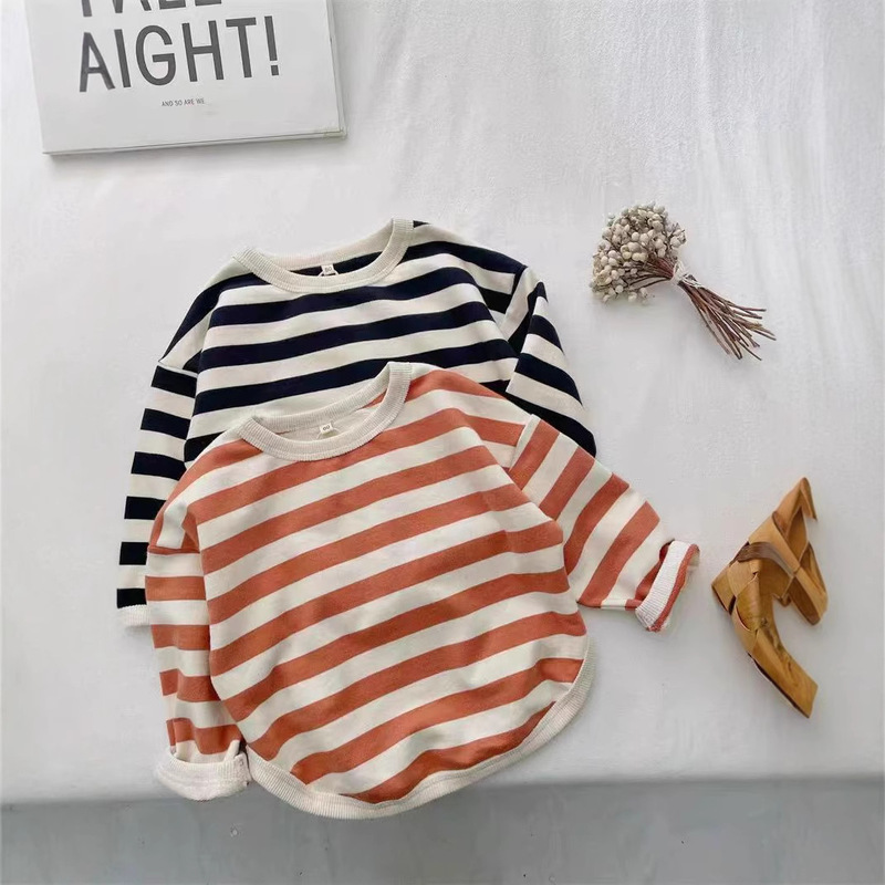 Korean Retro Kidsren's Stripesd Sweatshirt Spring & Fall New Style Boys and Girls Long-Sleeved Loose T-Shirt Western Style Top Bottoming