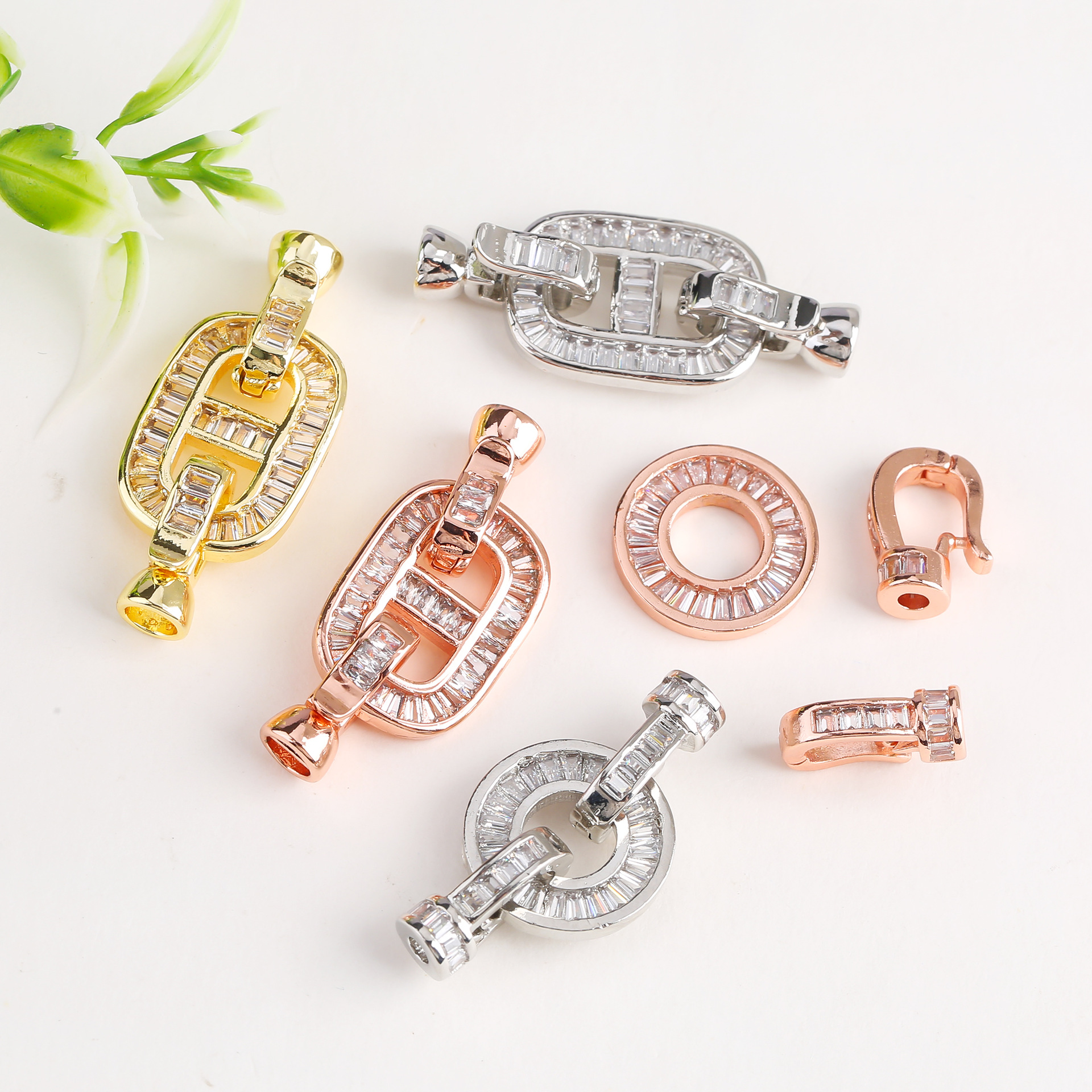 18K金镶嵌梯方锆石CD珍珠扣圆形连接扣diy配饰项链收尾扣头批发