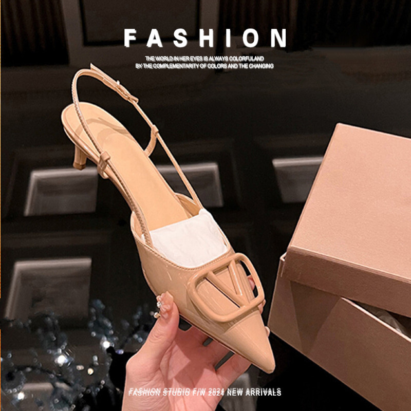 Genuine Leather Sheepskin Pointed V-Strap Stiletto High Heels New Open-Back Closed-Toe Sandals for Women Summer