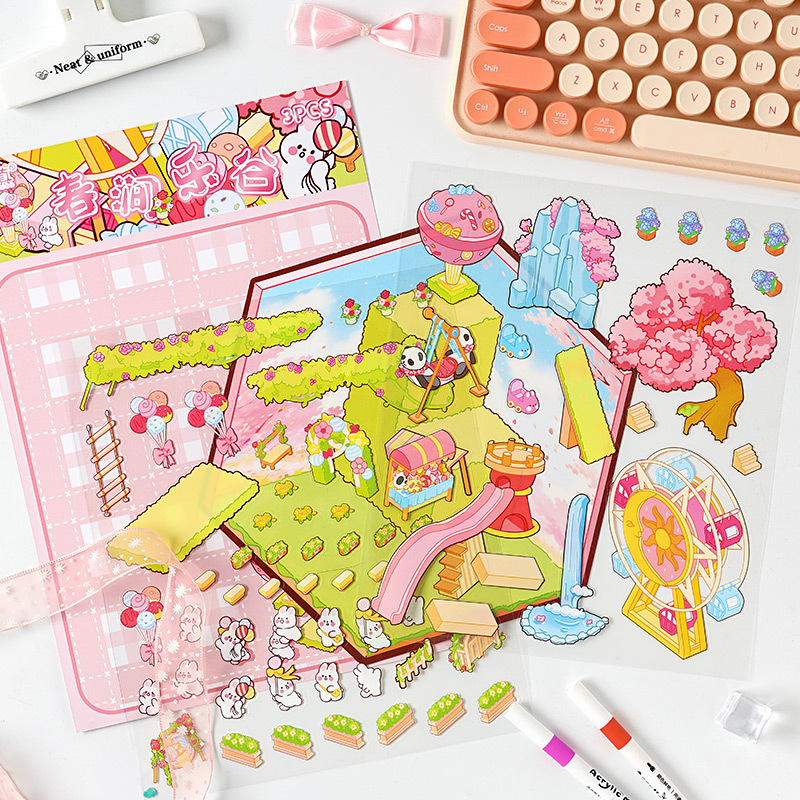 Cuatro estaciones para ti pegatinas de mascotas tridimensionales 3D grandes DIY creativas miniaturizadas dibujos animados decoración de la cuenta de mano pegatinas de acertijo