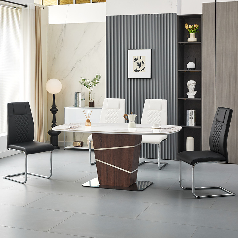 Mesa de comedor de tabla de roca, mesa de negociación de lujo, mesa de base de acero inoxidable, mesa de comedor de mármol