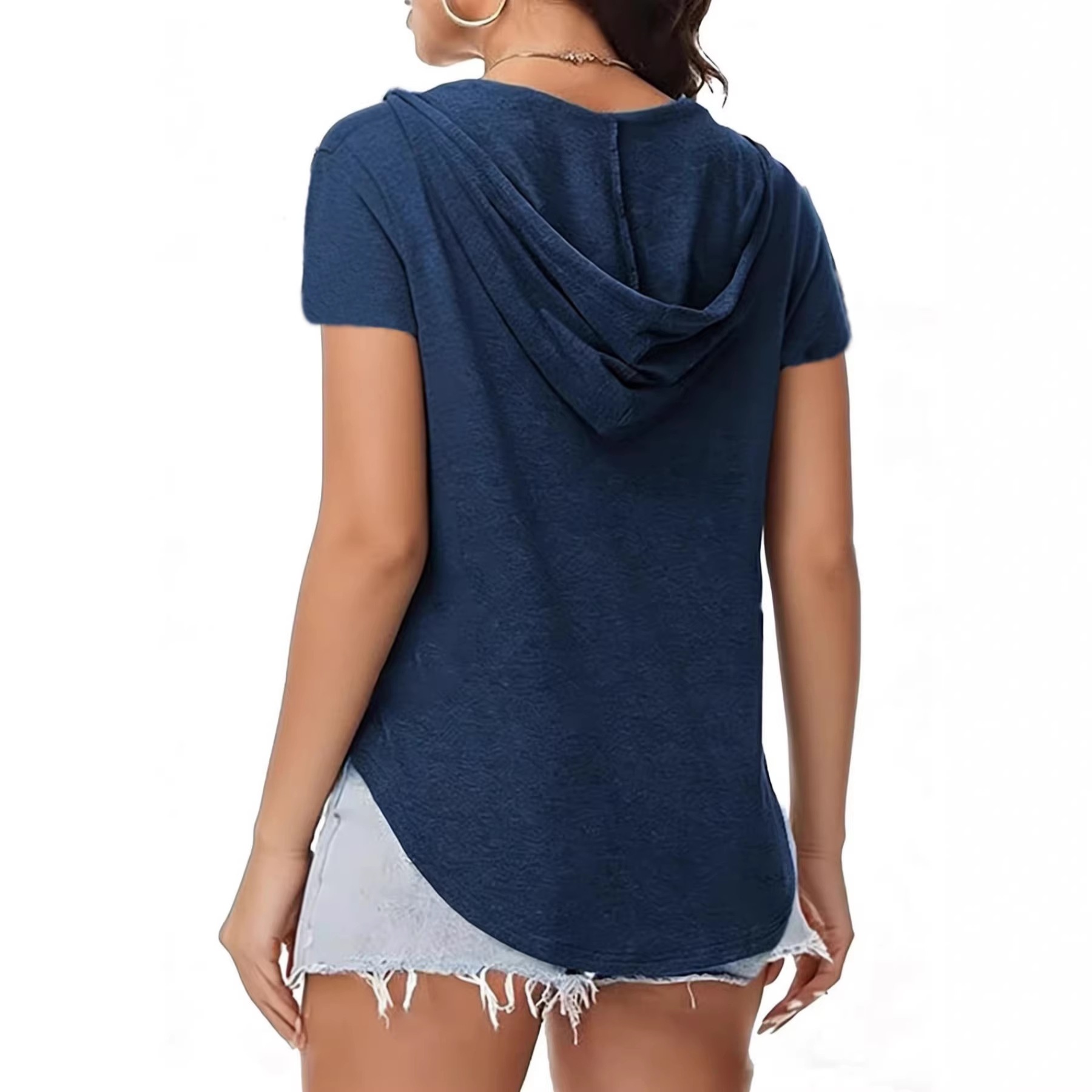 2026 Spring And Summer European And American Maternity Wear New Foreign Trade Fashion Break V-neck Hooded Women's Top T-shirt_ecoleips.com