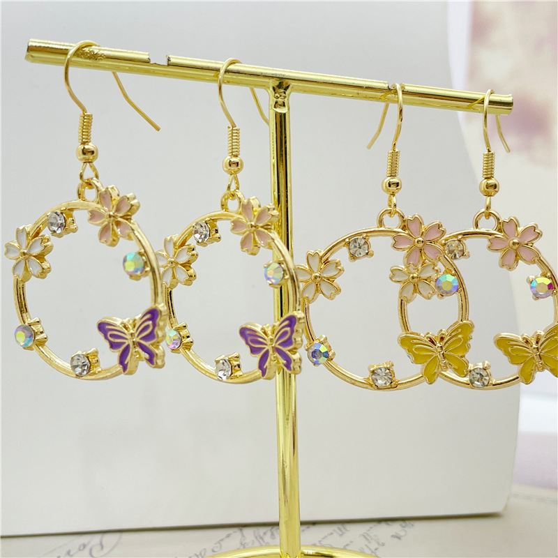 Simple Style Butterfly Alloy Plating Hollow Out Inlay Rhinestones Womenu0027S Drop Earrings 1 Pair