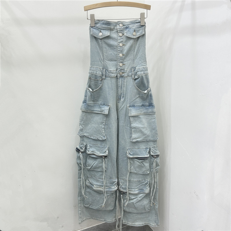 2025 primavera un botón de bolsillo delgado europeo y americano chica caliente herramienta de estilo jeans elástico pantalones recto de pecho