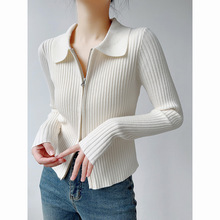 2025秋装修身有型潮拉链针织衫女秋冬修身薄款毛衣开衫内搭polo衫