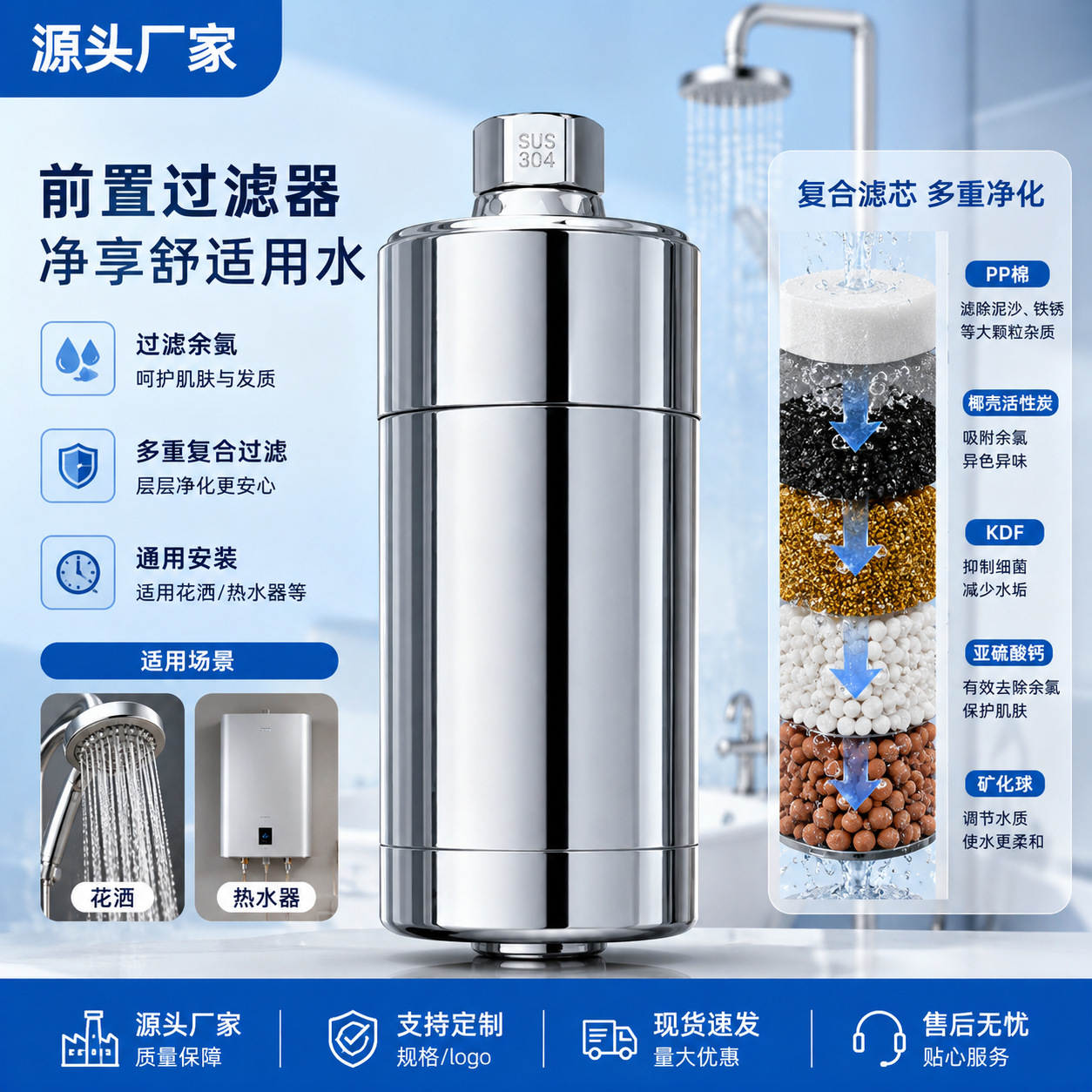 沐浴家用前置净水器花洒滤水器婴儿洗澡过滤器净水除氯花洒跨境