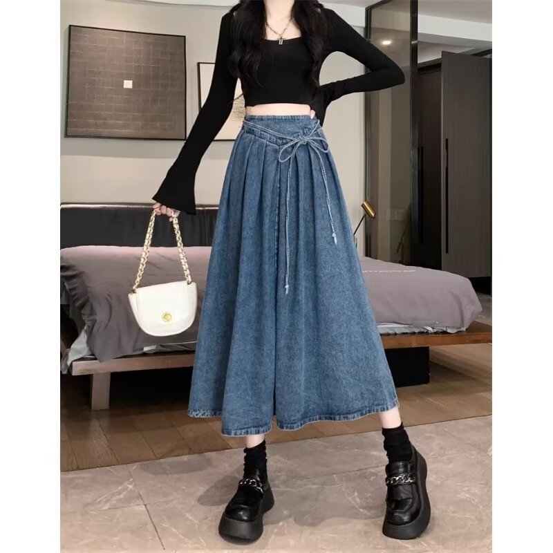 女性用ストラップ付きデニムスカート、夏の新しいスタイル、伸縮性のあるハイウエストレースアップAラインプリーツスカート、股をカバーする大きな裾のロングスカート|undefined