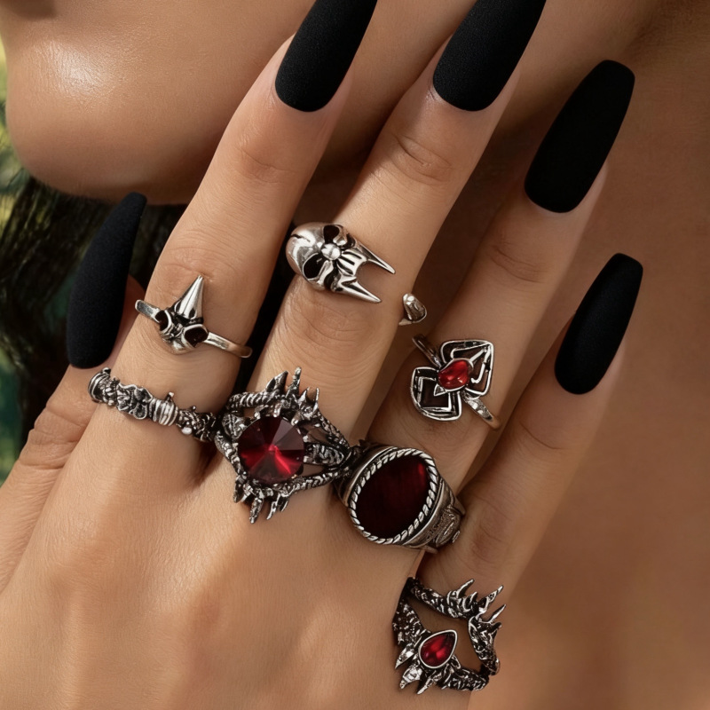 European and American Fashion Cross-Border Skull Ring Set Trendy Personality Halloween Hip-Hop Ring Combination Open Ring for Men