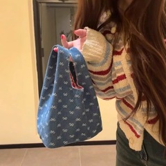リボン化粧品バッグ、ポータブルランチバッグ、ランチボックスバッグ、リバーシブル、大容量、ポータブル小型トートバッグ、女性用リストバッグ