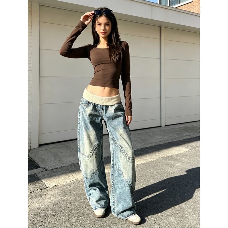 2026 Summer Retro Casual Wide-Leg Jeans for Women with Ribbed Waist Patchwork 90S Style Denim Trousers 2026 Summer Retro Casual Wide-Leg Jeans for Women with Ribbed Waist Patchwork 90S Style Denim Trousers