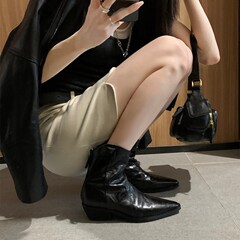 羊皮版~尖头V口西部靴女切尔西法式复古褶皱瘦瘦靴粗跟真皮短靴子