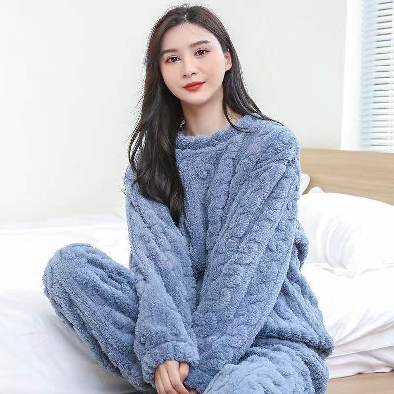 珊瑚绒睡衣女冬天加厚外穿法兰绒家居服宽松长款开衫套装加厚保暖|undefined