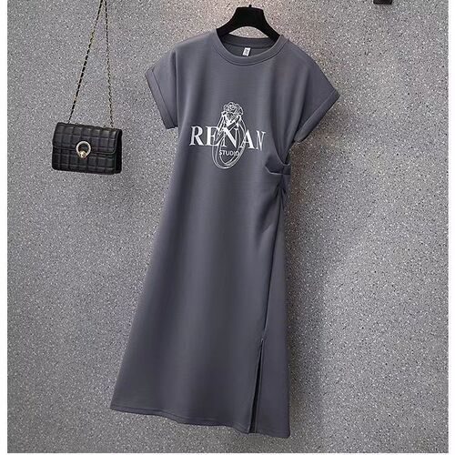 Women's Summer Plus-Size Design-Driven Casual Mid-Length Slit Dress with Short Sleeves for a Slimming, Figure-Hugging Fit