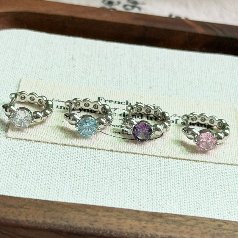 Multi-Colored Round Bead Single Zircon Straight Bar Ear Clip Simple Versatile Ear Hoop Earrings