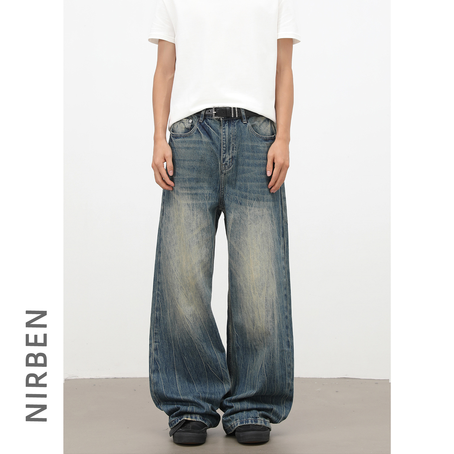 nirben denim | American-style washed blue jeans for men, simple, versatile, loose, wide-leg, straight-cut trousers