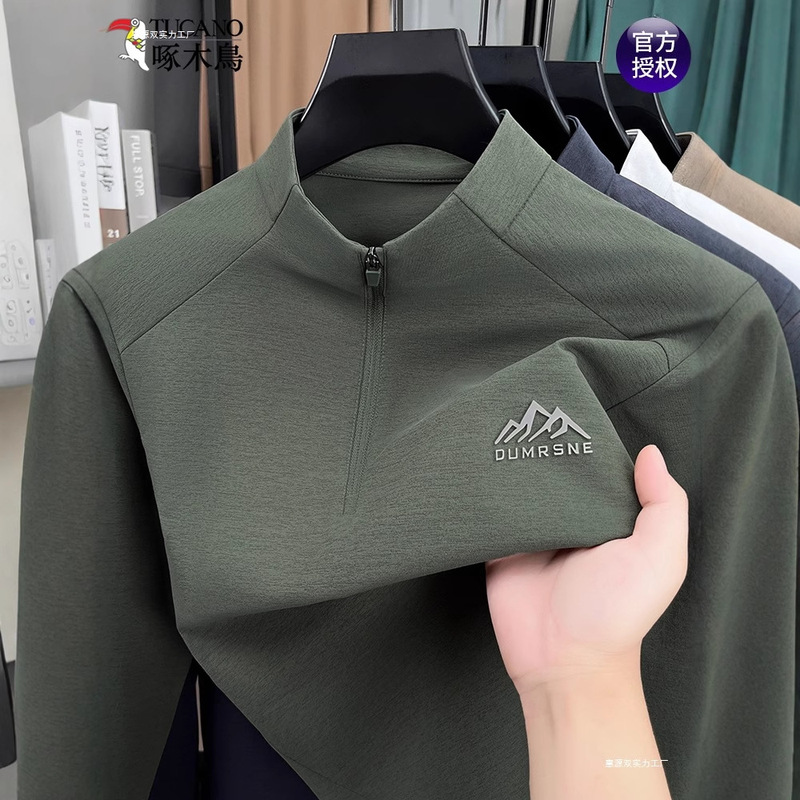 Woodpecker Autumn Long-Sleeved T-Shirt Men's Middle-Aged Stand-Up Collar Half-Zip Casual Loose Top Large Size Bottoming Shirt Trendy Woodpecker Autumn Long-Sleeved T-Shirt Men's Middle-Aged Stand-Up Collar Half-Zip Casual Loose Top Large Size Bottoming Shirt Trendy