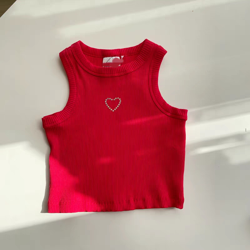 Girls' summer vest, stylish and trendy, Korean style, short, slim fit, heart-shaped, rhinestone, red.