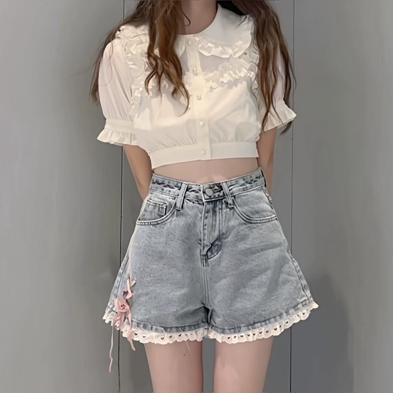 Летние новые корейские ретро-кружевные джинсовые шорты женские свободные шорты с высокой талией тонкие шорты с широкими ножками