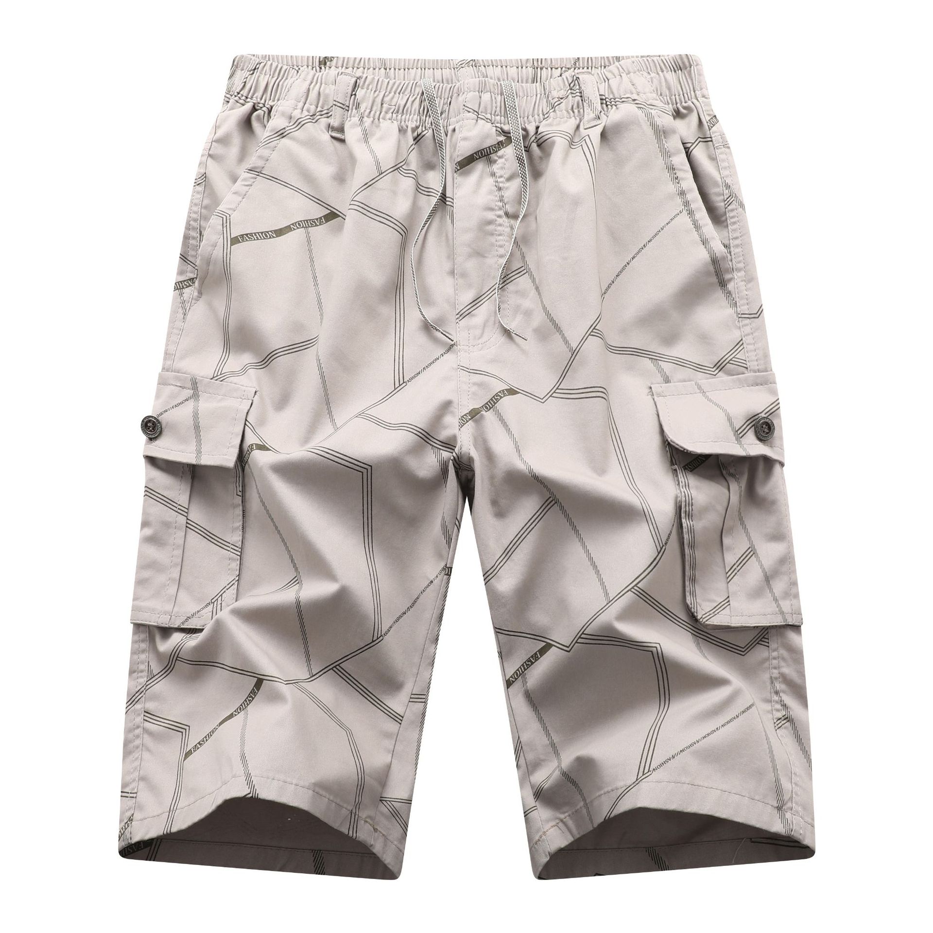 Cropped Pants Summer Men's Thin Loose Pure Cotton Tooling Shorts Middle-aged Dad's plus size Loose Waist Casual Pants