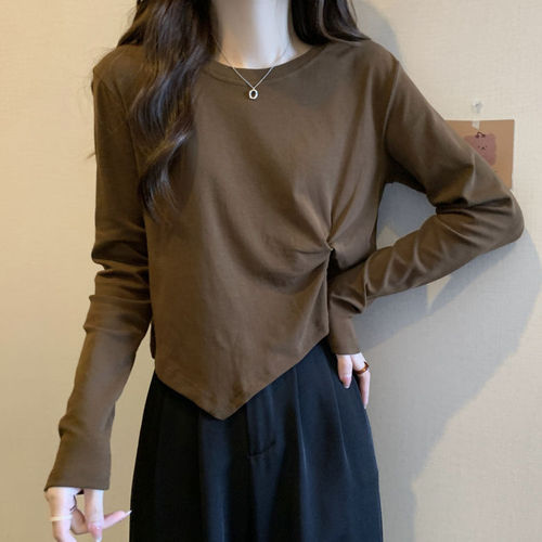 Women's Spring Large Size Fat Mm Tummy Covering Unstructured Long Sleeve T-Shirt, Stylish Short Length Straight Shoulder Top