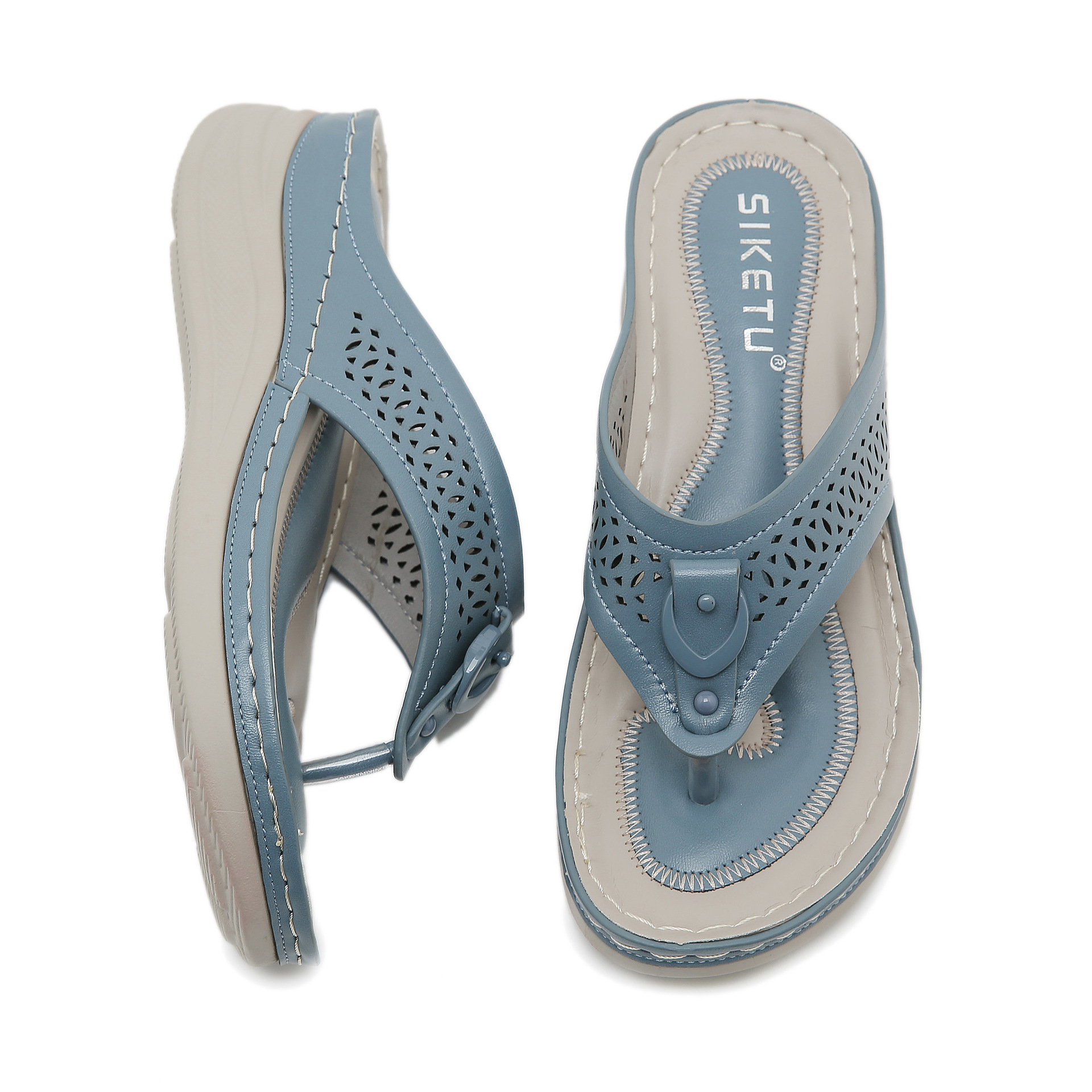 JS777-8 nuevo estilo 2025 transfronterizo punta redonda moda chanclas huecas sandalias femeninas cuñas casuales sandalias de gran tamaño