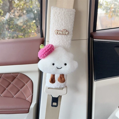 Seat belt shoulder pad – Car Interior Decoration Accessories - white-plush-shoulder-pad-set-white-cloud-rose-red-beret