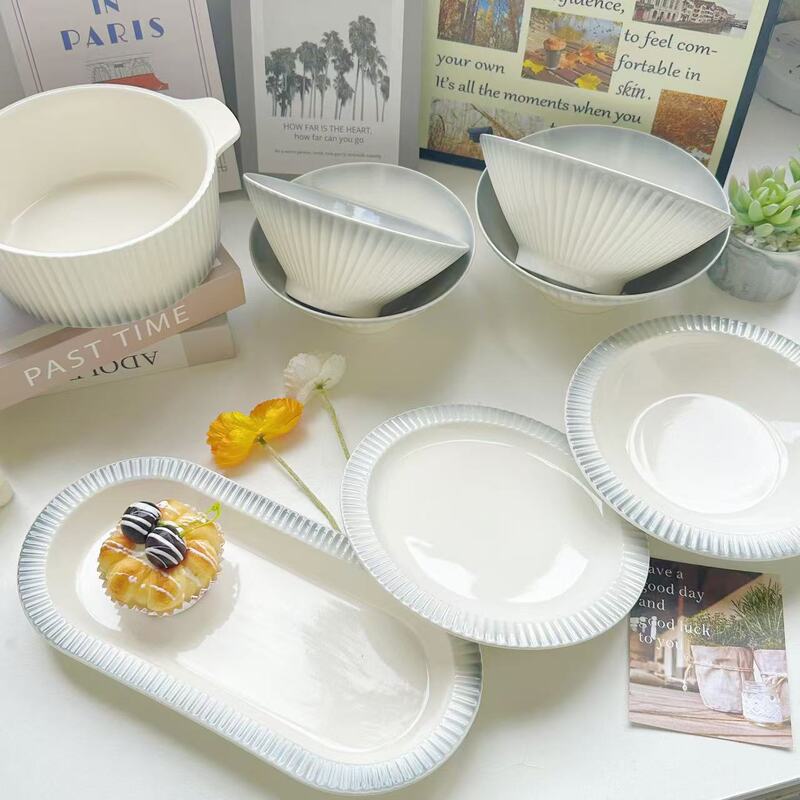 Dandy Grey Ins Nordic Style Housewarming Dishes and Dish suit Gradient Vertical Pattern Household Dishes and Dish Tableware Light Luxury Plate Soup Bowl