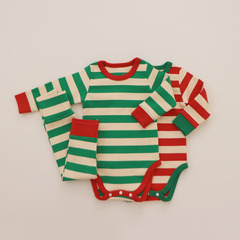 Korean version of autumn and winter fashionable Christmas clothes for boys and girls baby striped romper and leggings suit trendy
