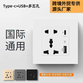 86型暗装跨境国际港澳通用多功能五孔USB+Typc-c快充电插座面板