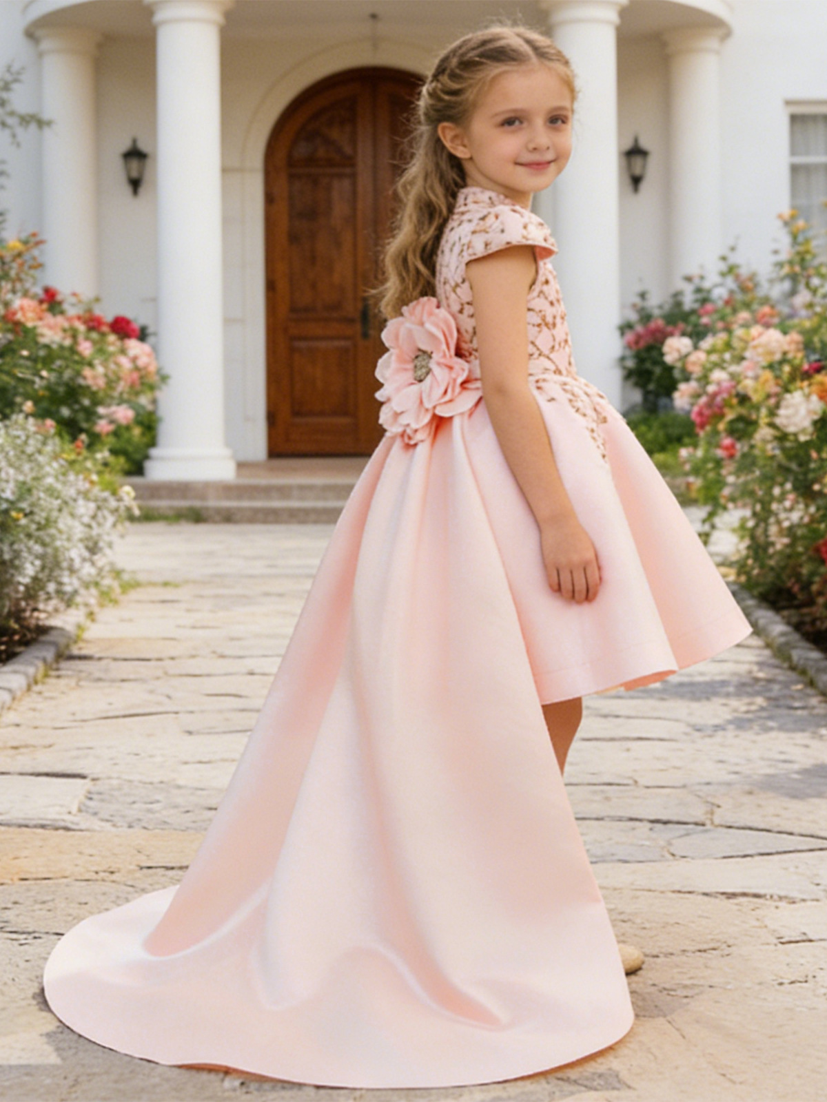 Europa y América vestidos de niñas satin gran cola desmontable vestidos de flores tridimensionales vestidos de princesa de cumpleaños para niños vestidos de princesa