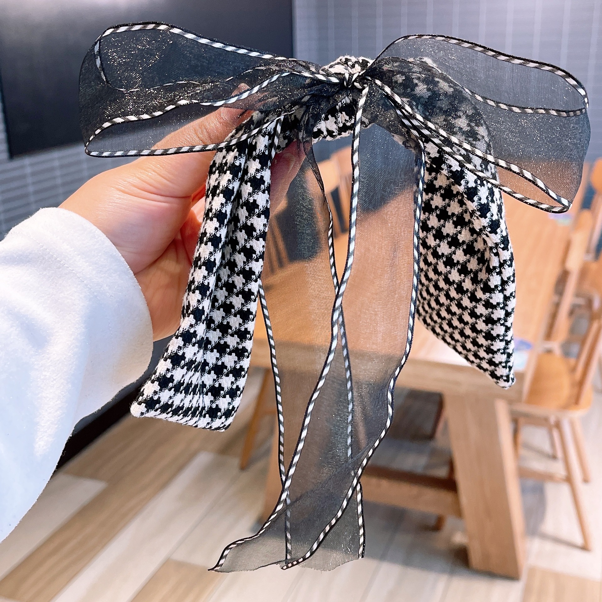 Korean Retro Organza Fairy Bow Houndstooth Hairpin Top Clip display picture 4
