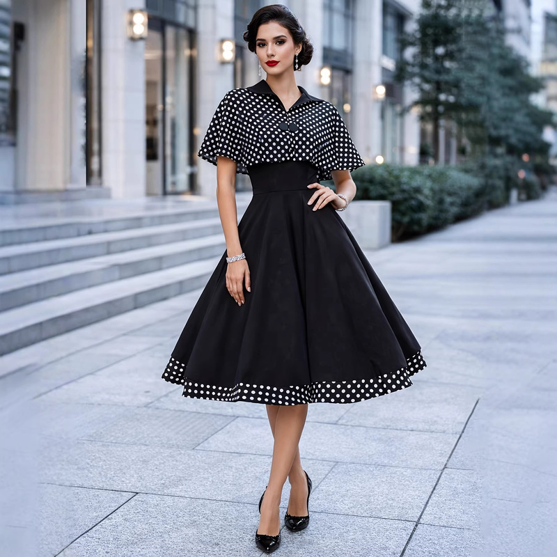 Cross-Border Vintage-Style Dress with a Turn-Down Collar, Short Sleeves, Plaid Patchwork Elements, High-Waisted Cut, and a Flared, Voluminous Skirt