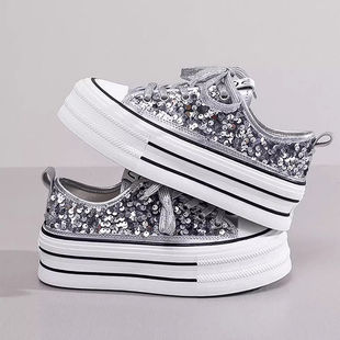 Thick-Soled Canvas Shoes, Height-Increasing Sneakers, Summer Thin Breathable Women's Shoes, 2025 New Sequined Thick-Soled Casual White Shoes